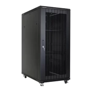 Gabinete de 27RU, puerta trasera y frontal micro perforada, color Negro, 1388x600x1000mm (Incluye bandeja de  ventiladores, 1 multitoma, 2 bandejas fijas de 4 puntos de apoyo)  **