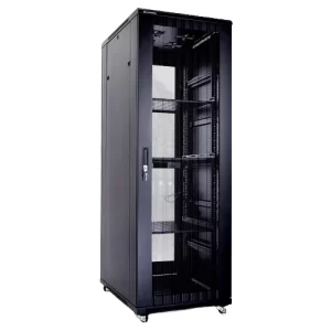 Gabinete de 32RU, puerta trasera y frontal micro perforada, color Negro, 1610x600x1000mm. (Incluye bandeja de  ventiladores, 1 multitoma, 3 bandejas fijas de 4 puntos de apoyo)  **