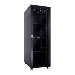 Gabinete de 37RU, puerta frontal recta microperforada, puerta trasera doble microperforada,  color Negro, 1833x800x1000mm  (Incluye 3 bandejas fijas de 4 apoyo, 1 multitoma, 1 bandeja de ventiladores)  **