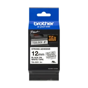 Cinta Brother TZe-S231 | Blanca / Negro | 12mm | Adhesivo Extra Fuerte