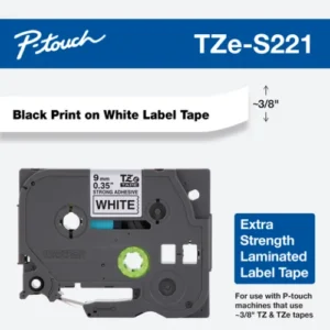TZES221 Cinta negro sobre blanco de 9 mm (0,35") con adhesivo industrial 8m (26,2')
