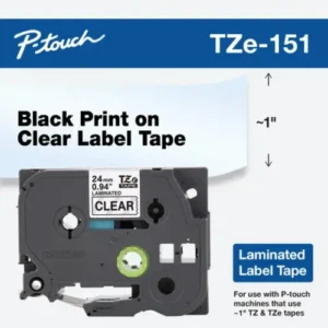 TZE151 Cinta laminada texto negro sobre fondo transparente 24mm x 8mts Transparente / Negro | 24mm | Laminada Estándar
